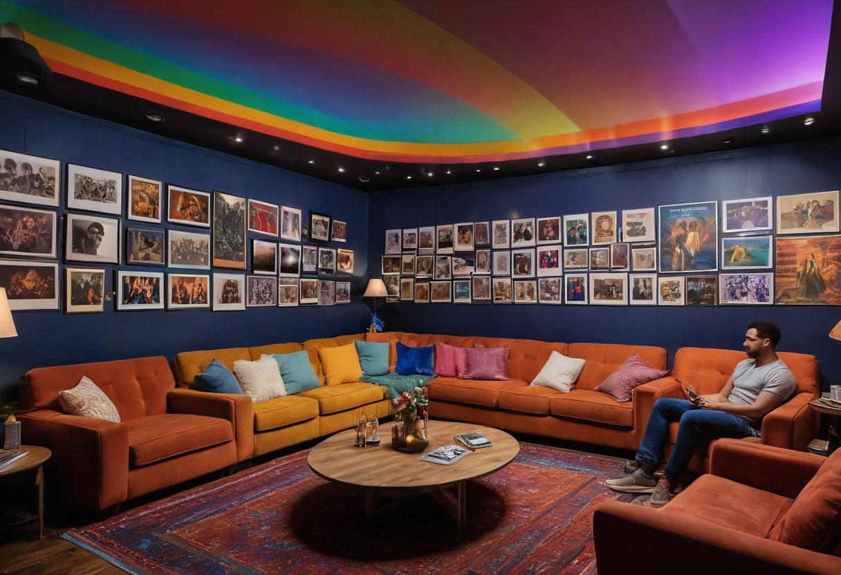 An inviting film screening room filled with a diverse group of people enjoying a vibrant movie night, showcasing rainbow accents in decorations. The walls adorned with iconic LGBTQ film posters, while a projector casts colorful film clips in the background. Soft ambient lighting enhances a warm and inclusive atmosphere, emphasizing connection and celebration in LGBTQ adult entertainment. super-realistic. vibrant colors. cozy setting.