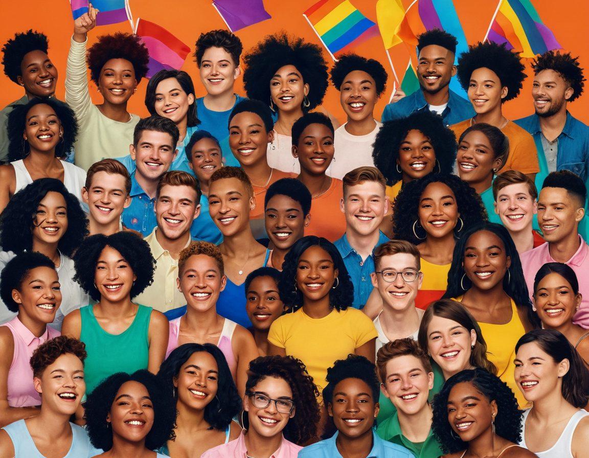 A vibrant collage showcasing diverse queer individuals engaged in joyful celebration—colorful flags, inclusive symbols, and playful interactions. Emphasize inclusivity through an array of skin tones, gender expressions, and styles, all set against a warm backdrop. The scene should evoke a sense of community and acceptance. Include elements of explicit content subtly integrated into a festive atmosphere. vibrant colors. super-realistic. playful art style.